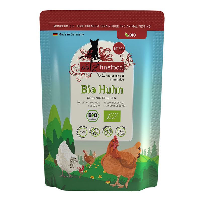 catz finefood Bio Chicken No. 503, monoprotein, high premium, grain-free, no animal testing, made in Germany, organic certified, 94% meat content, no added sugar.