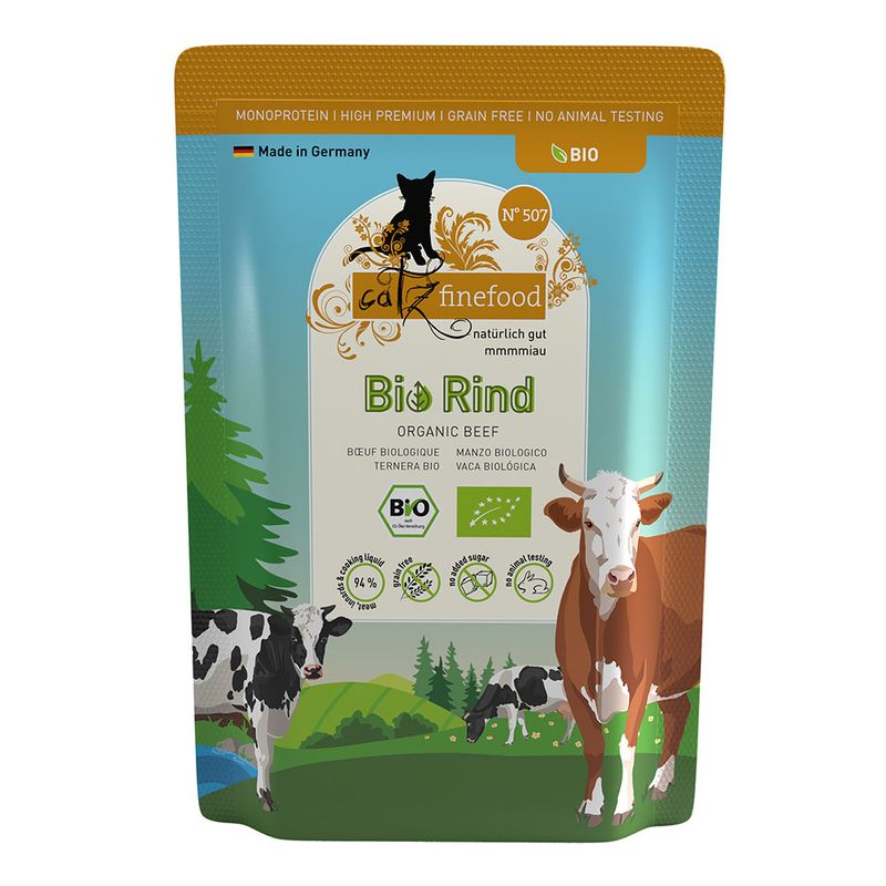 catz finefood Bio beef, monoprotein, high premium, grain-free, no animal testing, made in Germany, organic certificate, 94% meat content, no added sugar.