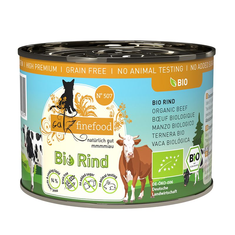 Catz Finefood Bio beef, DE-ÖKO-006, German agriculture, grain free, no added sugar, no animal testing, 94% meat content, organic certificate visible.
