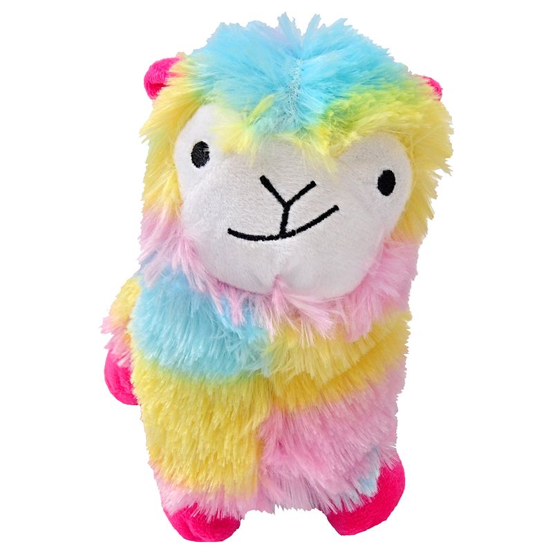 Plush toy shaped like a colourful llama with yellow, blue, pink, and magenta fur. Suitable for pets to play with.