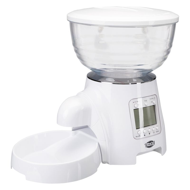Trixie automatic feeder with transparent container, digital display and white food bowl.