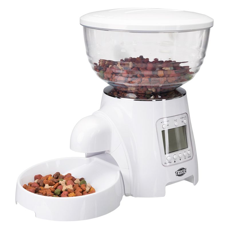 Automatic feeder by Trixie with digital display, transparent container for dry food and white food bowl.