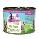 Catz Finefood Bio turkey, DE-ÖKO-006, German agriculture, no added sugar, no animal suffering, grain-free, 94% meat content, organic certificate visible.