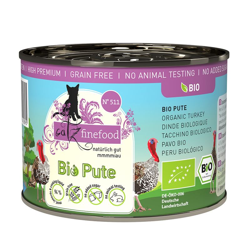Catz Finefood Bio turkey, DE-ÖKO-006, German agriculture, no added sugar, no animal suffering, grain-free, 94% meat content, organic certificate visible.