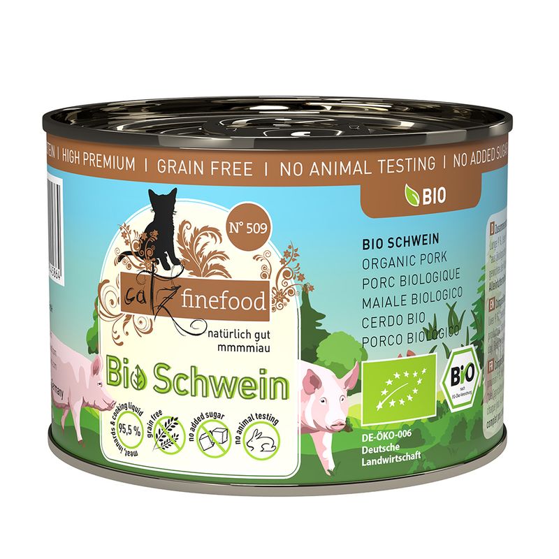 catz finefood Bio pork, N° 509, DE-ÖKO-006, no added sugar, no animal testing, grain-free, 95.5% meat content, organic certificate German agriculture.