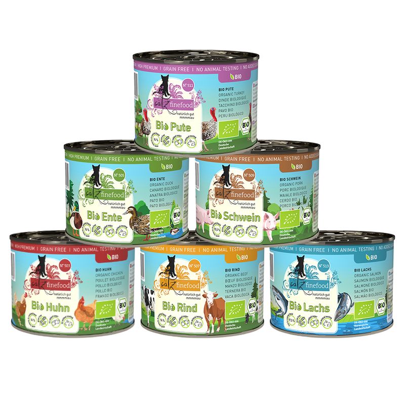 Catz Finefood organic wet food for cats, varieties: organic turkey, organic duck, organic pork, organic chicken, organic beef, organic salmon. Grain-free, no animal testing, organic certified.