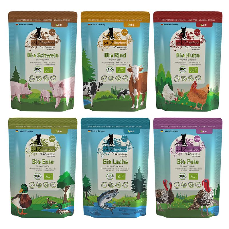 catz finefood organic wet food for cats. Varieties: organic pork, organic beef, organic chicken, organic duck, organic salmon, organic turkey. Made in Germany, organic certified, grain-free, no animal testing.