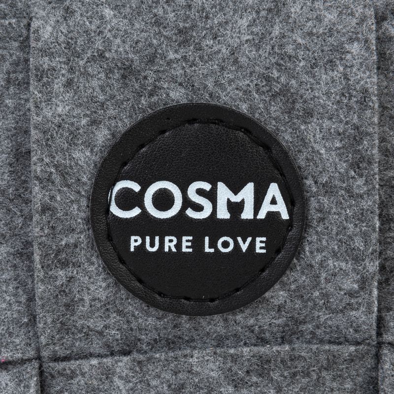 Cosma Pure Love. Brand logo on grey felt material.