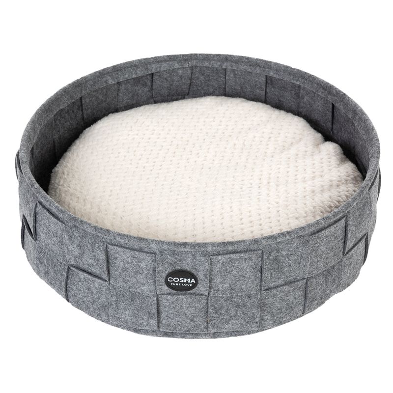 Round grey felt bed with white, soft cushion. 'Cosma Pure Love' logo visible on the outside of the bed.