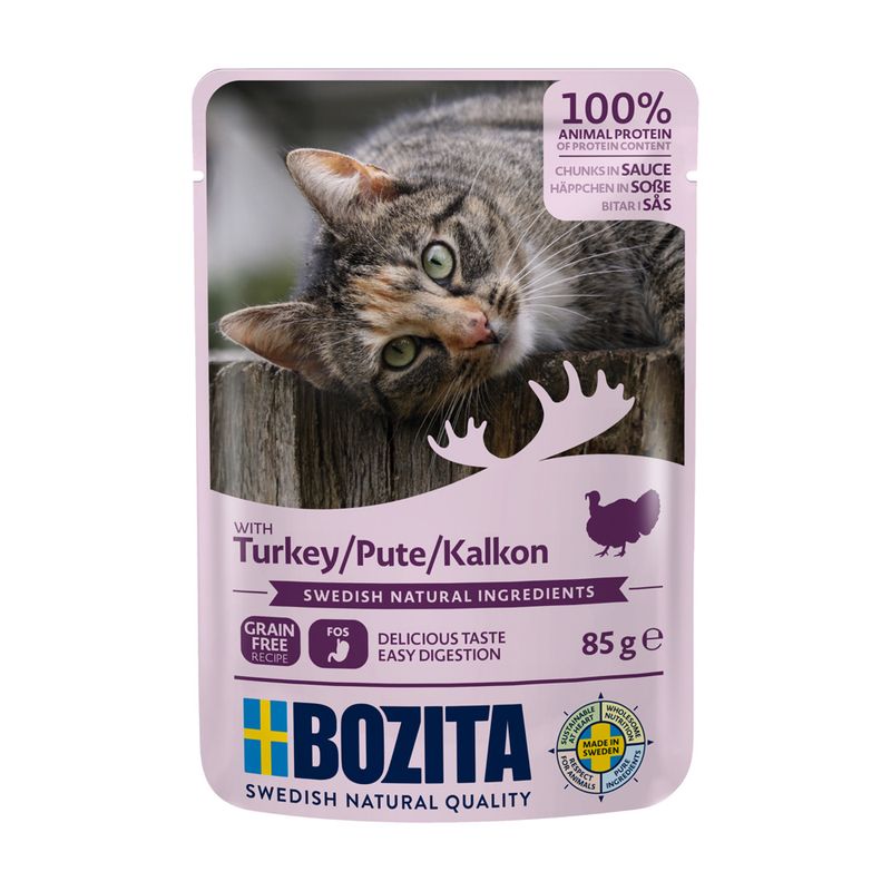 Bozita cat food with turkey, 85g. 100% animal protein, grain-free, Swedish natural ingredients, made in Sweden. Chunks in gravy for easy digestion.