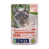 Bozita cat food with salmon, 100% animal protein, grain-free, Swedish natural ingredients, chunks in sauce, 85g. Made in Sweden.
