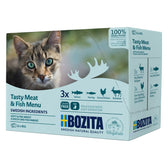 Bozita Tasty Meat & Fish Menu, Swedish ingredients, grain-free, 100% animal protein. Varieties: salmon, herring, extra chicken, reindeer. Pack of 12x85g chunks in sauce.