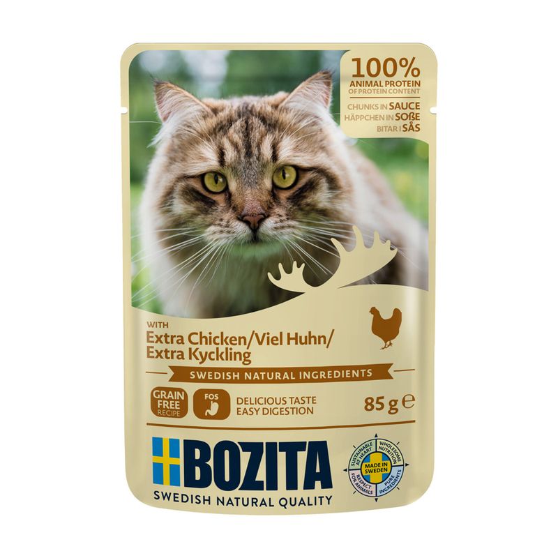 Bozita cat food with extra chicken, 100% animal protein, in sauce. Grain-free, Swedish natural ingredients, easily digestible. Pack size: 85 g. Made in Sweden.