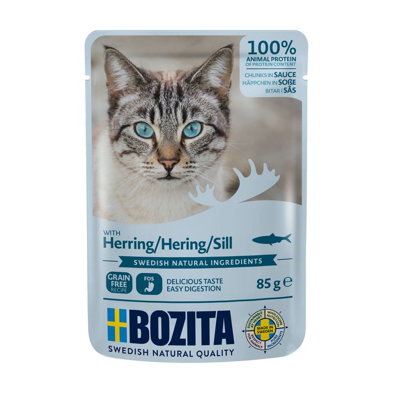 Bozita cat food with herring in sauce, 100% animal protein, grain-free, Swedish natural ingredients, easily digestible, 85g, Made in Sweden.