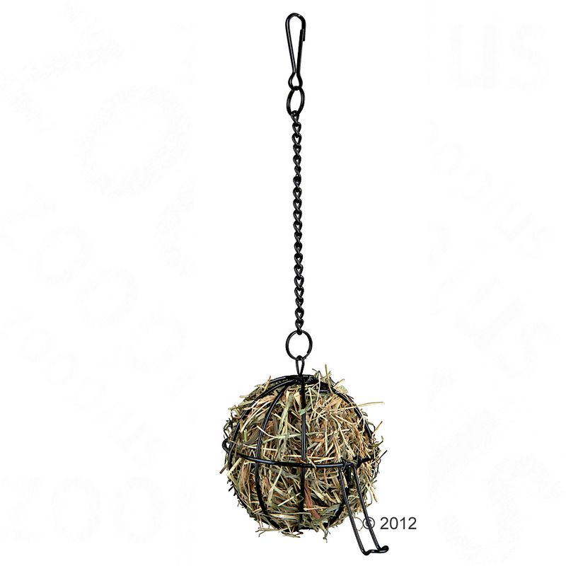 Hanging hay ball made of metal with chain and carabiner, filled with hay. Suitable for attachment in cages or enclosures.