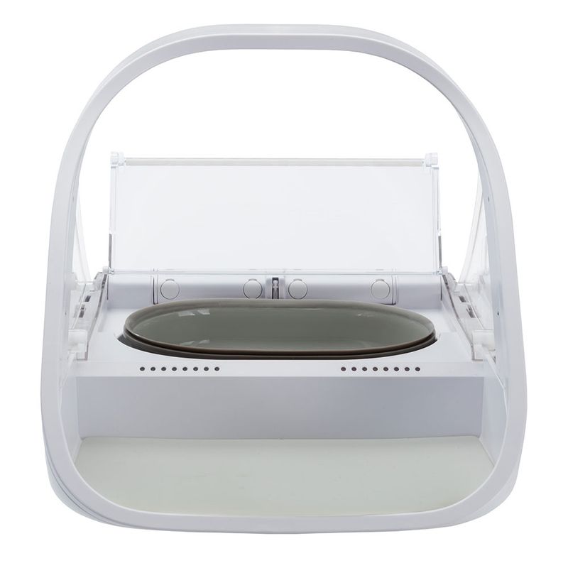Automatic feeder with white housing and grey food tray, suitable for precise portion control.