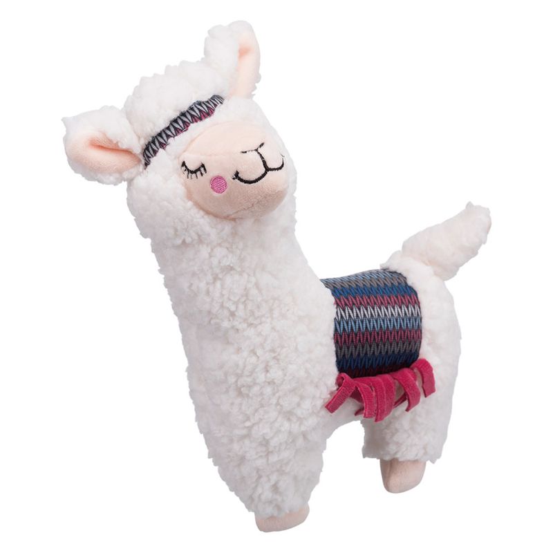 Plush toy shaped like a white llama with colourful saddle decoration and pink fringes, suitable for pets.