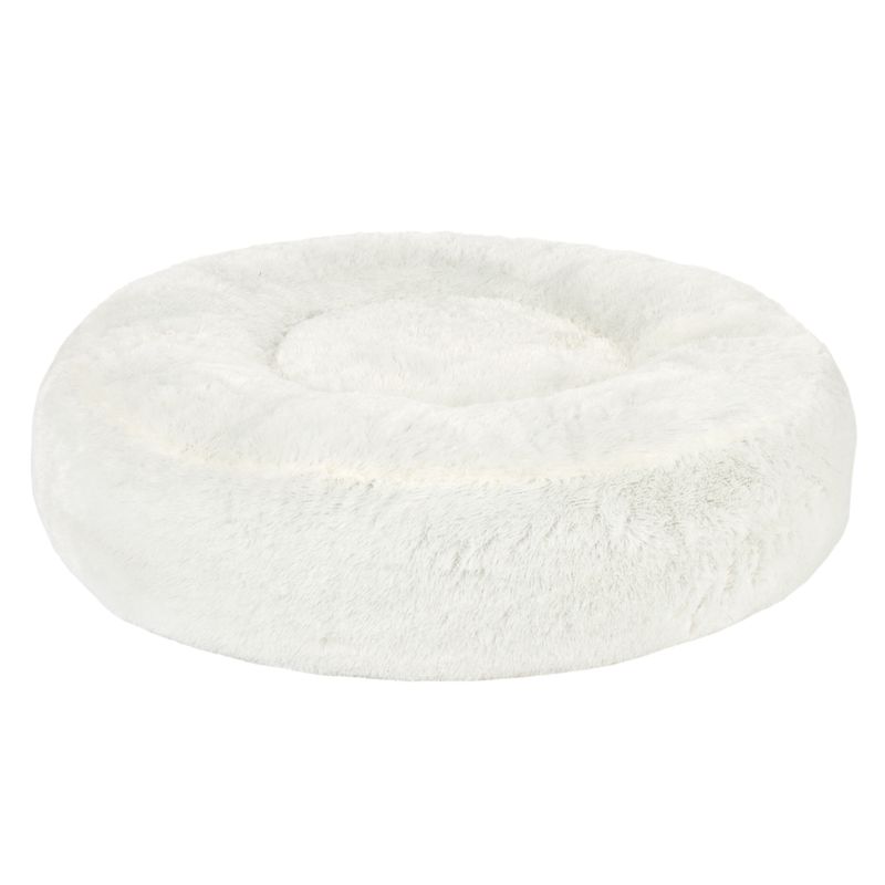 Round, plush, white pet bed with raised edges and a soft centre, shown on a plain background.