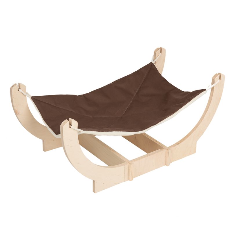 Wooden hammock with brown fabric cover, suitable for small pets. Sturdy frame and slightly curved design.