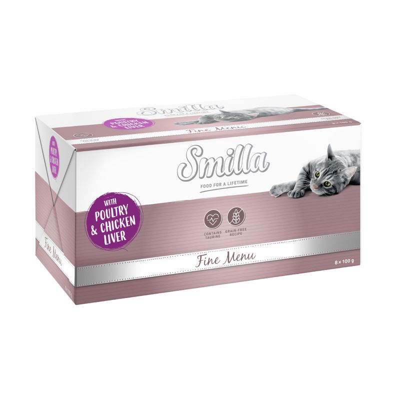 Smilla Fine Menu cat food with poultry and chicken liver, contains taurine, grain-free recipe, pack of 8 x 100 g.