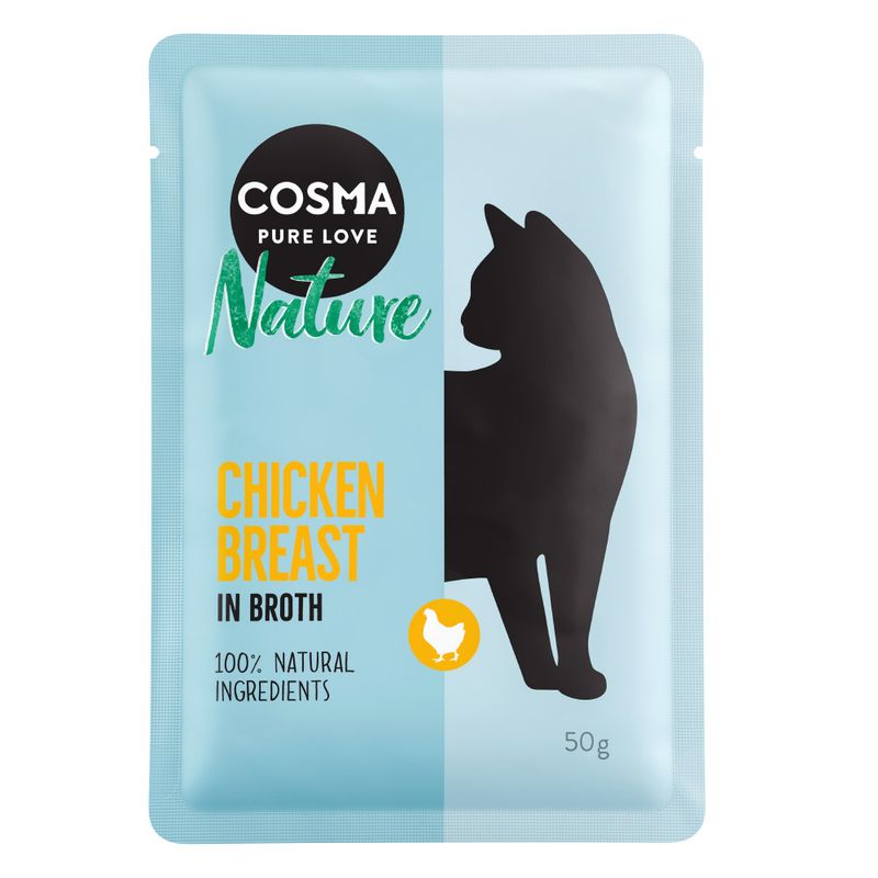 Cosma Nature Chicken Breast in Broth, 100% natural ingredients, 50g. Silhouette of a cat and chicken symbol visible.