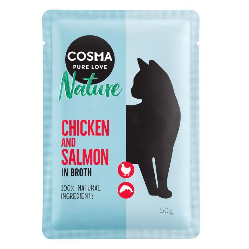 Cosma Nature Pure Love, chicken and salmon in broth, 100% natural ingredients, 50g. Silhouette of a cat on light blue packaging.