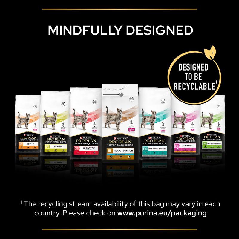 Range of veterinary diet pet food bags with labels for obesity, hepatic, diabetes, renal function, gastrointestinal, urinary and hypoallergenic. Designed to be recyclable.