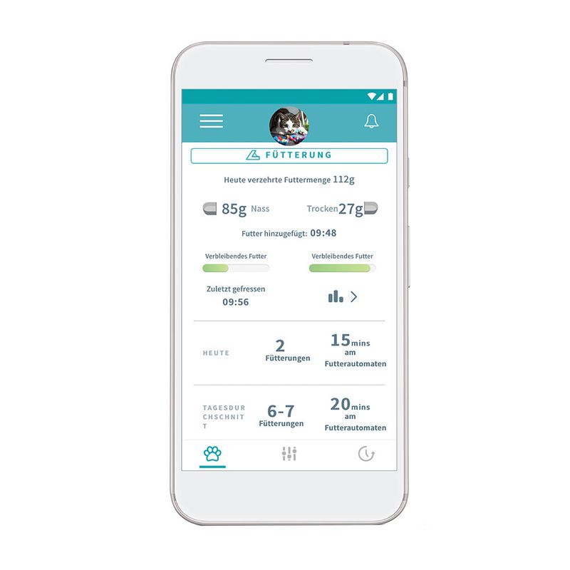 Smartphone display of a feeding app: consumed amount 112g, including 85g wet food and 27g dry food. Today 2 feedings, daily average 6-7 feedings.