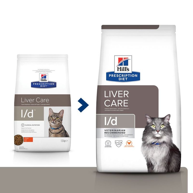 Image showing packaging update for Hill's Prescription Diet Liver Care l/d, with old and new bag designs side by side, both featuring a cat image and key product information.