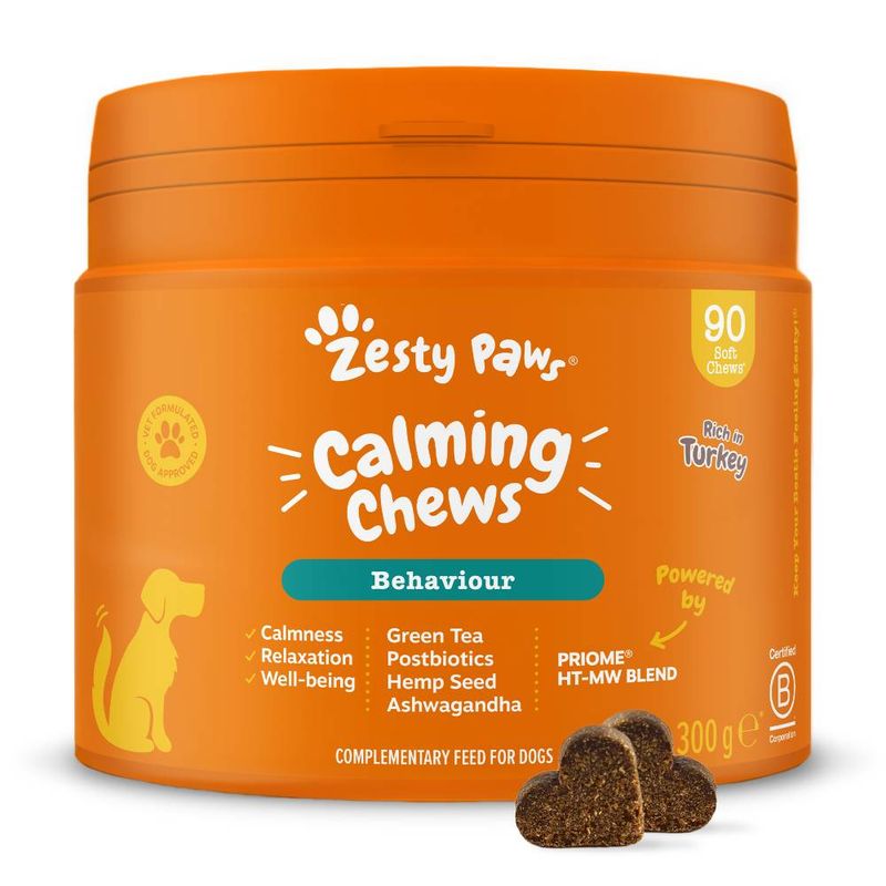 Zesty Paws Calming Chews, 90 soft chews, rich in turkey. Features: calmness, relaxation, well-being, green tea, postbiotics, hemp seed, ashwagandha. 300g tub shown.