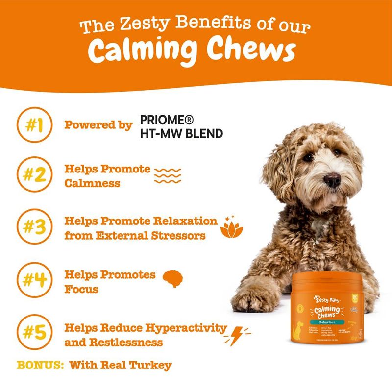 Calming Chews benefits: powered by PRIOME HT-MW blend, helps promote calmness, relaxation from external stressors, focus, reduces hyperactivity and restlessness. Bonus: with real turkey.