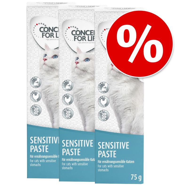 Concept for Life Sensitive Paste for cats with sensitive stomachs, 75g, three packs shown with percentage discount symbol