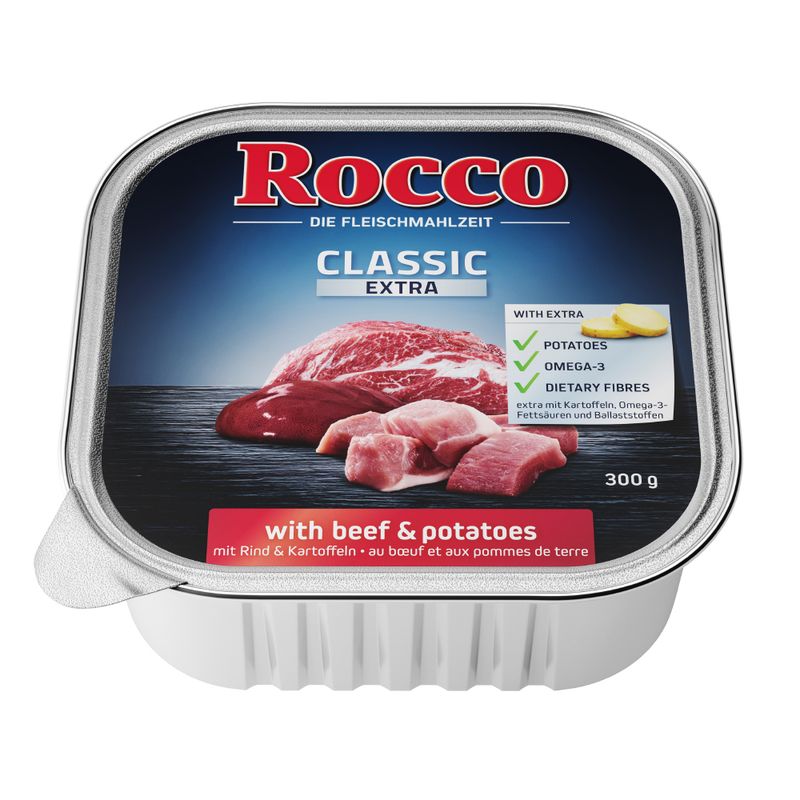Rocco Classic Extra with beef and potatoes, contains extra potatoes, omega-3, and dietary fibres. 300g tray.