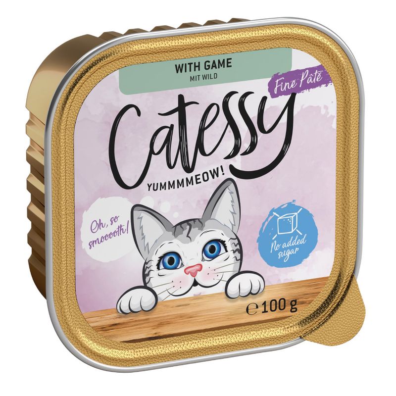 Catessy Fine Paté with game, 100g. No added sugar. Illustration of a grey cat with blue eyes and the text 'Oh, so smooth!' on the packaging.