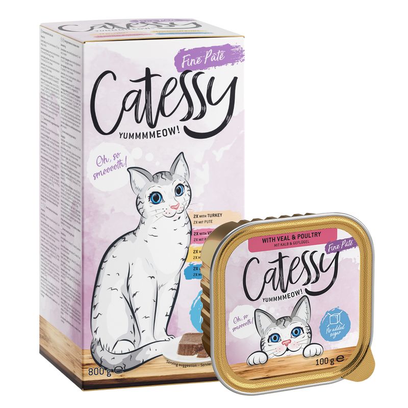 Catessy Fine Paté, 800g box and 100g tray. Varieties: veal & poultry, turkey, beef. No added sugar. Illustration of a cat on packaging.