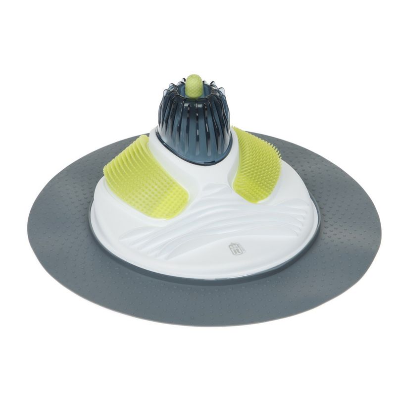 Interactive pet toy with textured yellow pads, a central raised section and a round grey base, designed for play and stimulation.