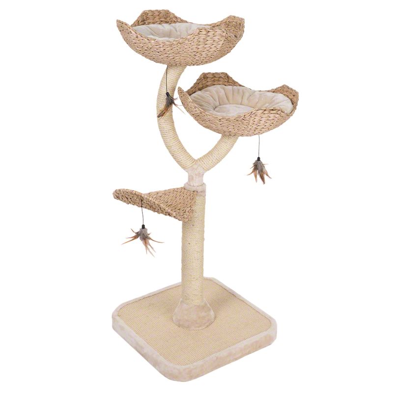 Cat tree made of woven natural material with three resting platforms, two toys and a stable base.