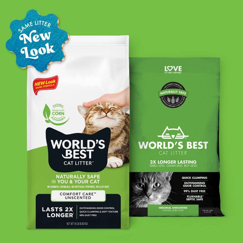 World's Best Cat Litter packaging showing unscented, naturally safe litter made with corn. Features include outstanding odour control, quick clumping, 99% dust free, and flushable.