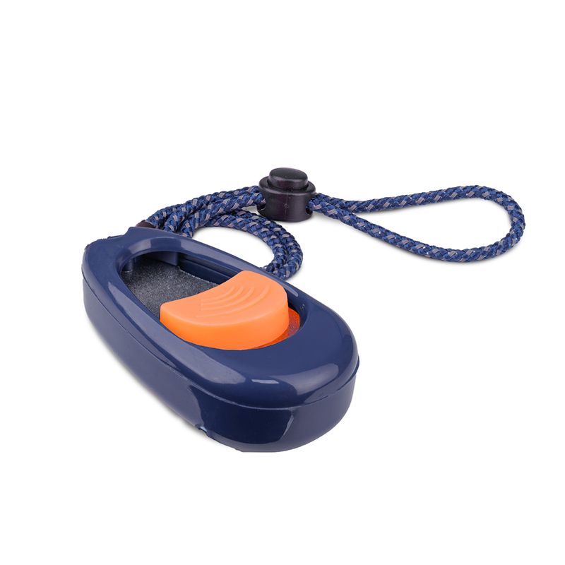 Blue clicker with orange button and braided wrist strap, suitable for animal training.