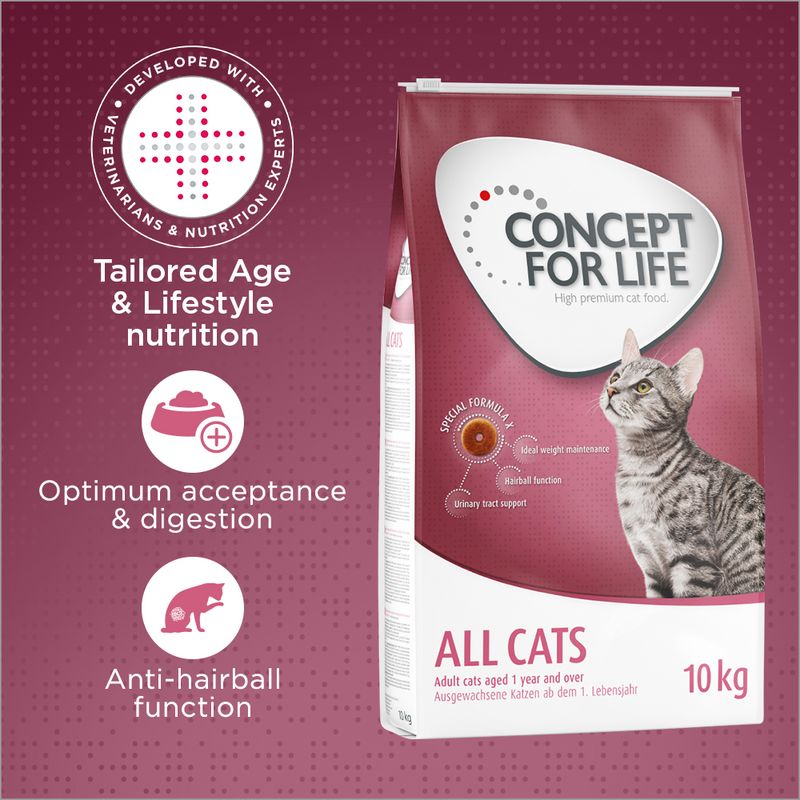Concept for Life All Cats 10kg. Developed with veterinarians and nutrition experts. Tailored age and lifestyle nutrition, optimum acceptance and digestion, anti-hairball function.
