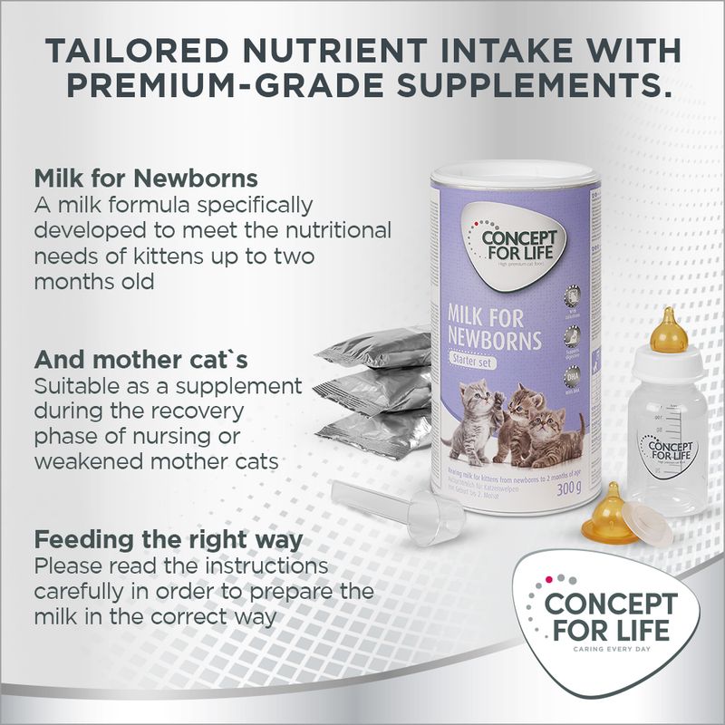 Concept for Life Milk for Newborns starter set, tin with kittens, bottle, scoop, sachets. Text: tailored nutrient intake, milk for newborns, and mother cat’s, feeding the right way.