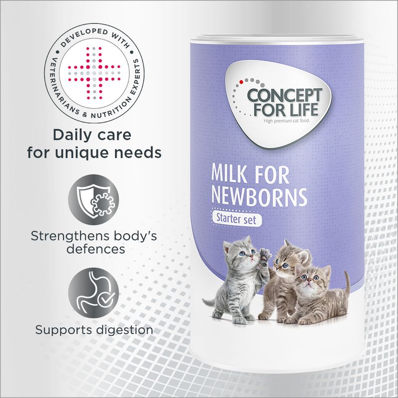 Concept for Life Milk for Newborns Starter set tin with three kittens. Text: Developed with veterinarians & nutrition experts, daily care for unique needs, strengthens body's defences, supports digestion.