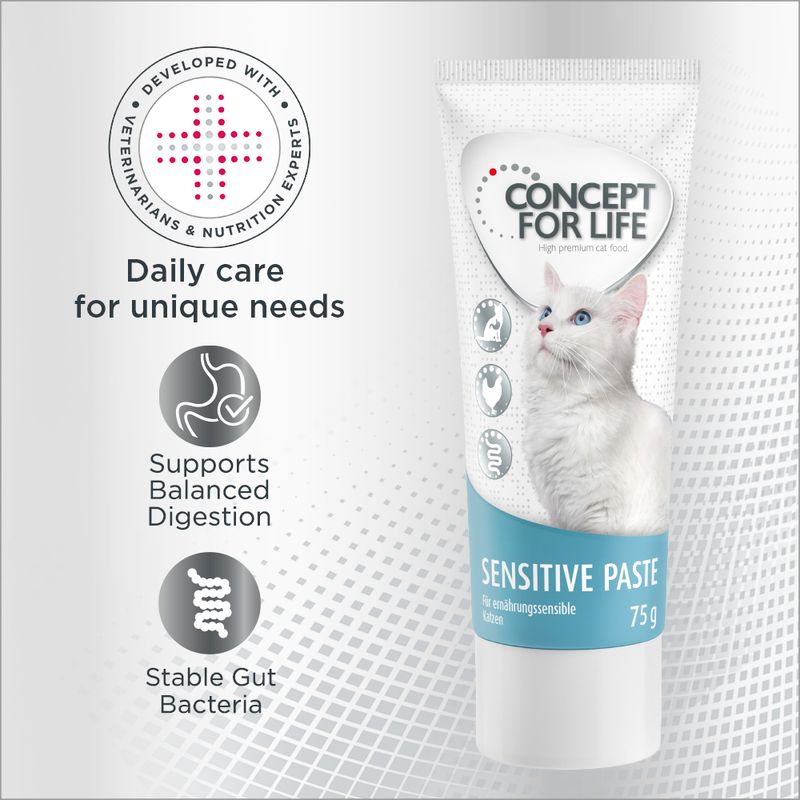 Sensitive Paste, 75g. Developed with veterinarians and nutrition experts. Daily care for unique needs. Supports balanced digestion and stable gut bacteria.