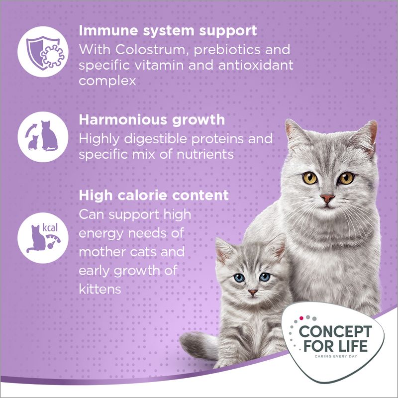 Immune system support, harmonious growth, and high calorie content for cats. Features colostrum, prebiotics, digestible proteins, nutrients, and energy for mother cats and kittens.