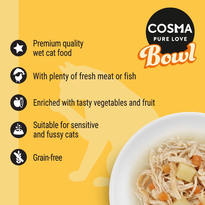 Premium quality wet cat food with fresh meat or fish, enriched with vegetables and fruit, suitable for sensitive and fussy cats, grain-free. Cosma Pure Love Bowl branding shown.