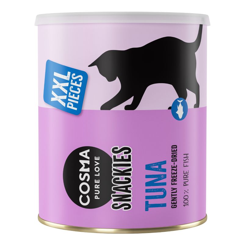 Cosma Pure Love Snackies XXL Pieces, tuna, gently freeze-dried, 100% pure fish. Packaging in purple with black cat silhouette.
