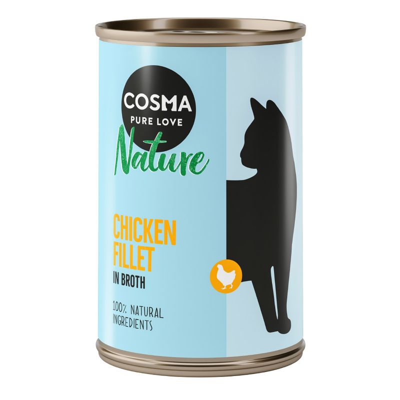 Cosma Nature chicken fillet in broth, 100% natural ingredients. Shown: tin with black cat silhouette and blue background.