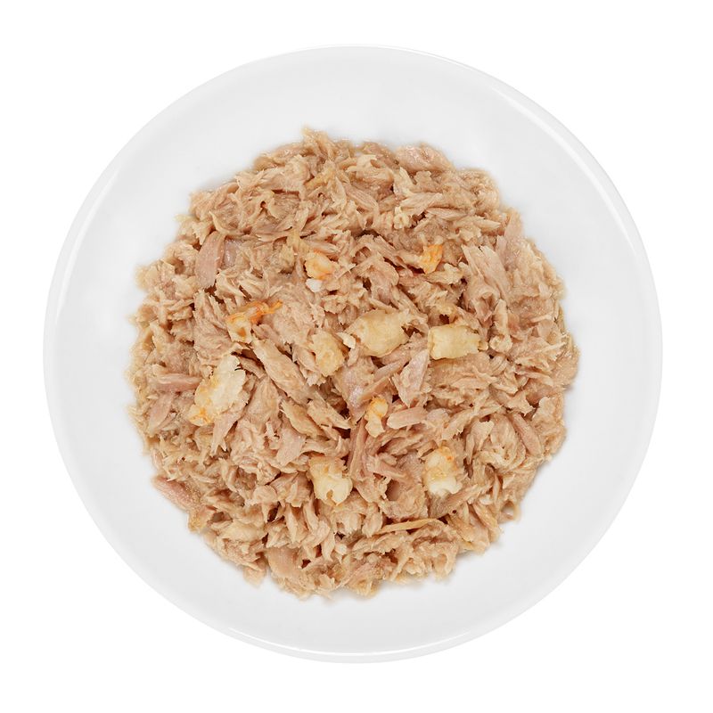 Close-up of shredded tuna in a white bowl, suitable as pet food.
