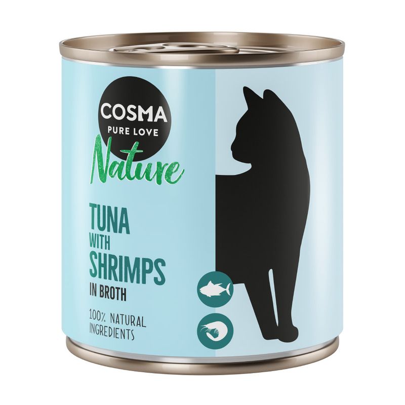 Cosma Nature cat food, tuna with shrimp in broth, 100% natural ingredients. Silhouette of a cat on a light blue can.