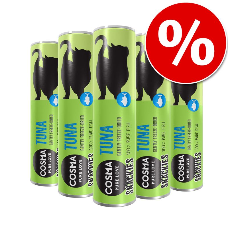 Cosma Snackies Tuna, freeze-dried, 100% pure fish. Offer with red percent symbol.